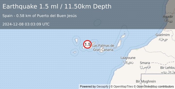 Earthquake CANARY ISLANDS, SPAIN REGION (1.5 ml) (2024-12-08 03:03:09 UTC)