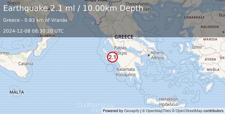 Earthquake SOUTHERN GREECE (2.1 ml) (2024-12-08 08:30:20 UTC)