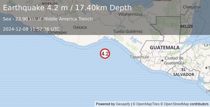 Earthquake OFF COAST OF OAXACA, MEXICO (4.2 m) (2024-12-08 11:52:36 UTC)