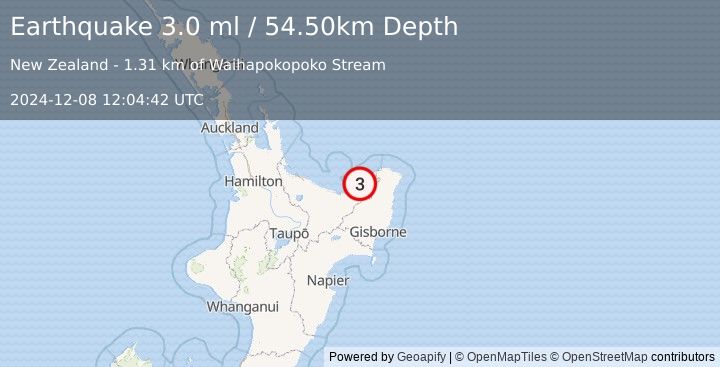 Earthquake OFF E. COAST OF N. ISLAND, N.Z. (3.0 ml) (2024-12-08 12:04:42 UTC)