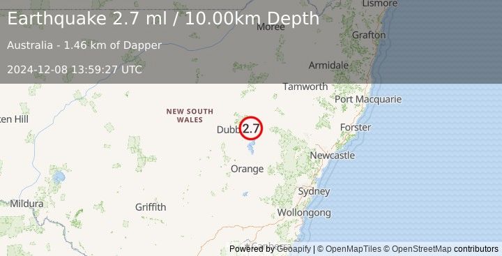 Earthquake NEW SOUTH WALES, AUSTRALIA (2.7 ml) (2024-12-08 13:59:27 UTC)