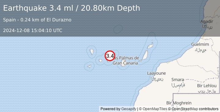 Earthquake CANARY ISLANDS, SPAIN REGION (3.4 ml) (2024-12-08 15:04:10 UTC)