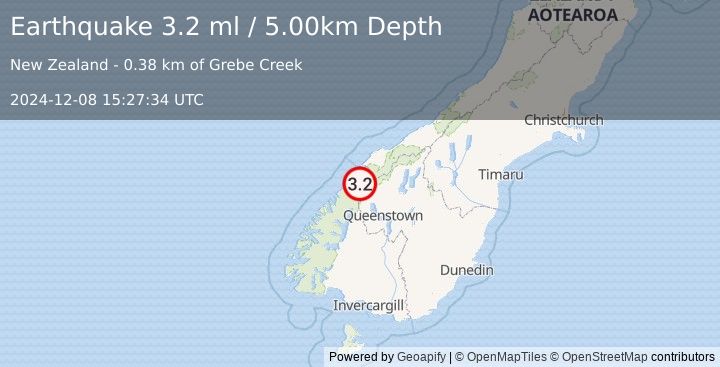 Earthquake SOUTH ISLAND OF NEW ZEALAND (3.2 ml) (2024-12-08 15:27:34 UTC)