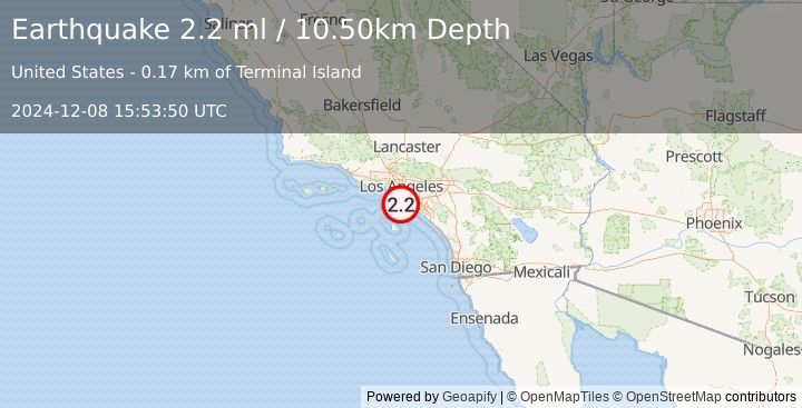 Earthquake GREATER LOS ANGELES AREA, CALIF. (2.2 ml) (2024-12-08 15:53:50 UTC)