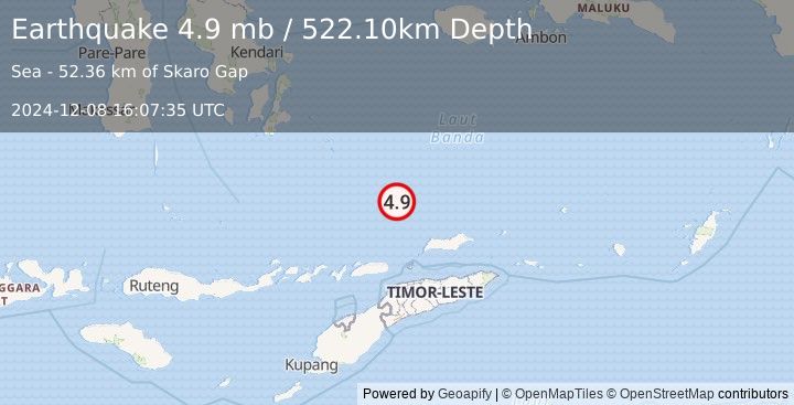 Earthquake KEPULAUAN BARAT DAYA, INDONESIA (4.9 mb) (2024-12-08 16:07:34 UTC)