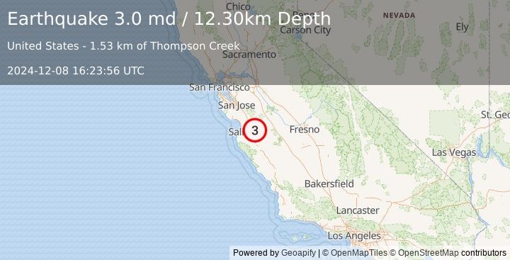 Earthquake CENTRAL CALIFORNIA (3.0 md) (2024-12-08 16:23:56 UTC)