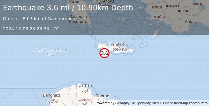 Earthquake CRETE, GREECE (3.6 ml) (2024-12-08 23:28:33 UTC)