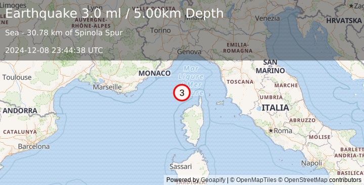 Earthquake LIGURIAN SEA (2.9 ml) (2024-12-08 23:44:40 UTC)