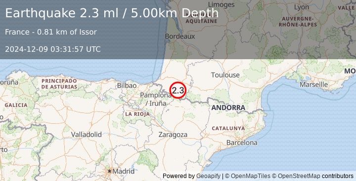 Earthquake PYRENEES (2.3 ml) (2024-12-09 03:31:57 UTC)