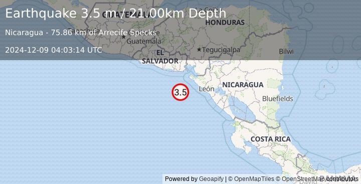 Earthquake NEAR COAST OF NICARAGUA (3.5 m) (2024-12-09 04:03:14 UTC)