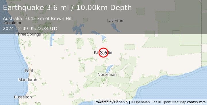 Earthquake WESTERN AUSTRALIA (3.6 ml) (2024-12-09 05:22:34 UTC)