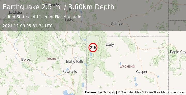 Earthquake YELLOWSTONE NAT. PARK, WYOMING (2.5 ml) (2024-12-09 05:31:34 UTC)