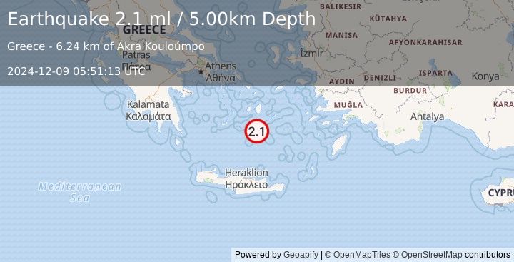 Earthquake DODECANESE ISLANDS, GREECE (2.1 ml) (2024-12-09 05:51:13 UTC)