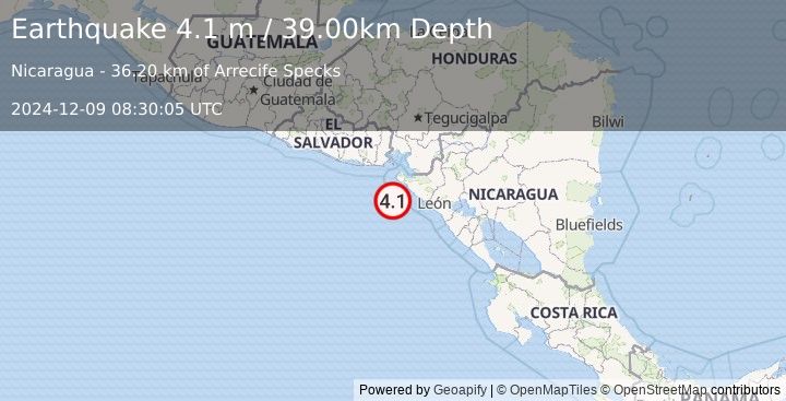 Earthquake NEAR COAST OF NICARAGUA (4.1 m) (2024-12-09 08:30:05 UTC)