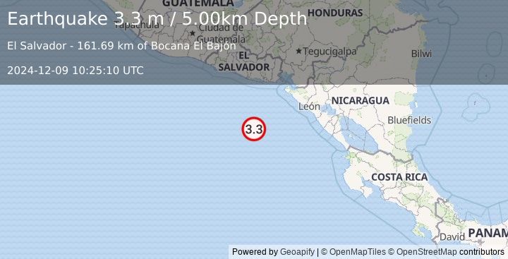 Earthquake OFF COAST OF CENTRAL AMERICA (3.3 m) (2024-12-09 10:25:10 UTC)