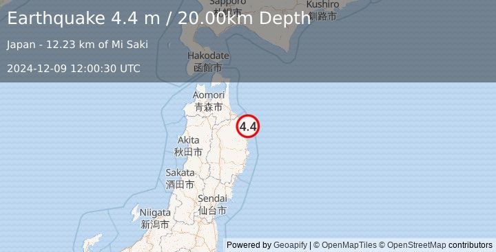 Earthquake NEAR EAST COAST OF HONSHU, JAPAN (4.4 m) (2024-12-09 12:00:30 UTC)