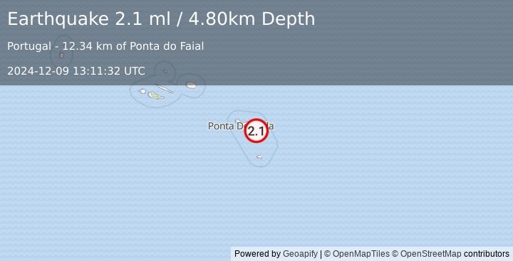 Earthquake AZORES ISLANDS, PORTUGAL (2.1 ml) (2024-12-09 13:11:32 UTC)