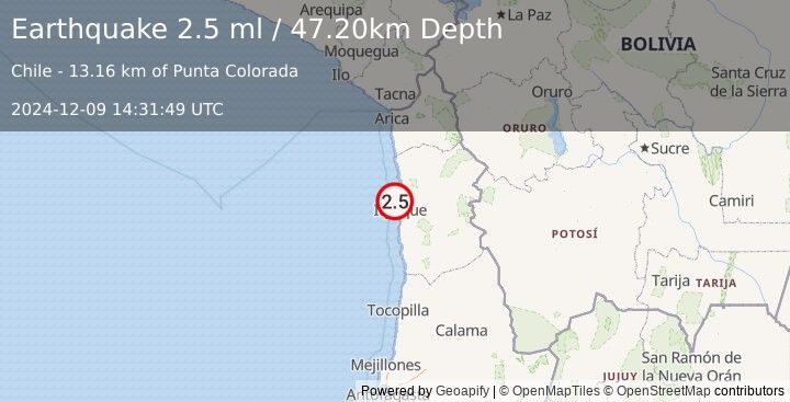 Earthquake OFFSHORE TARAPACA, CHILE (2.5 ml) (2024-12-09 14:31:49 UTC)