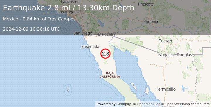 Earthquake BAJA CALIFORNIA, MEXICO (2.8 ml) (2024-12-09 16:36:18 UTC)