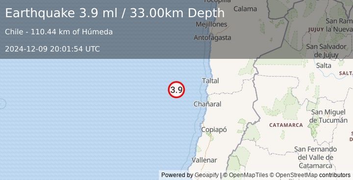 Earthquake OFF COAST OF ANTOFAGASTA, CHILE (3.9 ml) (2024-12-09 20:01:54 UTC)