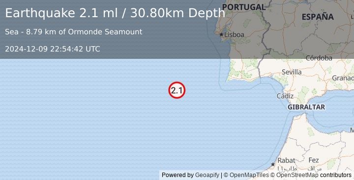 Earthquake AZORES-CAPE ST. VINCENT RIDGE (2.1 ml) (2024-12-09 22:54:42 UTC)