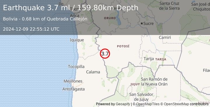 Earthquake POTOSI, BOLIVIA (3.7 ml) (2024-12-09 22:55:12 UTC)