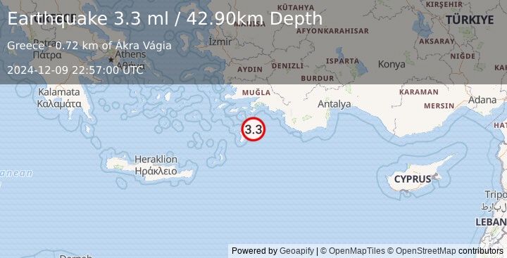 Earthquake DODECANESE IS.-TURKEY BORDER REG (3.3 ml) (2024-12-09 22:57:00 UTC)