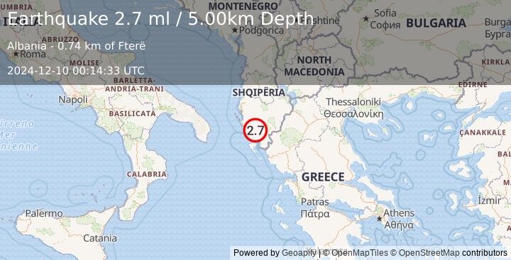 Earthquake ALBANIA (2.7 ml) (2024-12-10 00:14:33 UTC)