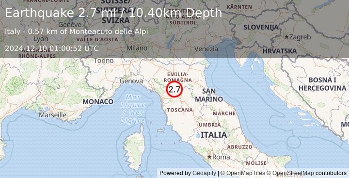 Earthquake NORTHERN ITALY (2.7 ml) (2024-12-10 01:00:52 UTC)