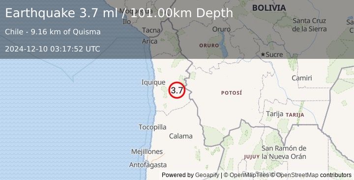 Earthquake TARAPACA, CHILE (3.7 ml) (2024-12-10 03:17:52 UTC)