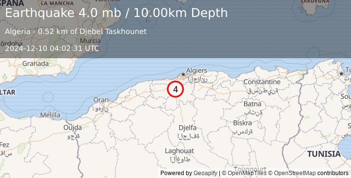 Earthquake NORTHERN ALGERIA (4.0 mb) (2024-12-10 04:02:31 UTC)