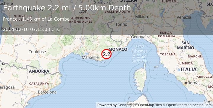 Earthquake NEAR SOUTH COAST OF FRANCE (2.2 ml) (2024-12-10 07:15:03 UTC)