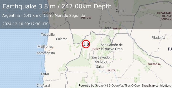 Earthquake JUJUY, ARGENTINA (3.8 m) (2024-12-10 09:17:30 UTC)