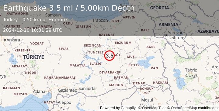 Earthquake EASTERN TURKEY (3.5 ml) (2024-12-10 10:31:30 UTC)