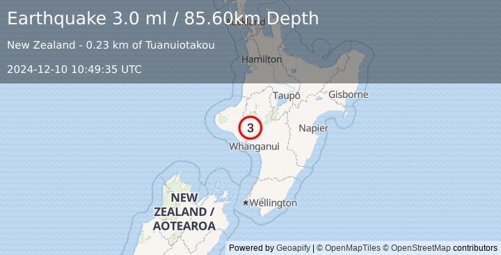 Earthquake NORTH ISLAND OF NEW ZEALAND (3.0 ml) (2024-12-10 10:49:35 UTC)