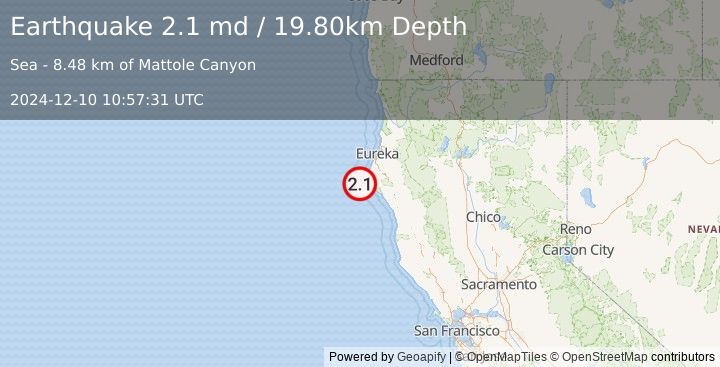 Earthquake OFFSHORE NORTHERN CALIFORNIA (2.1 md) (2024-12-10 10:57:31 UTC)