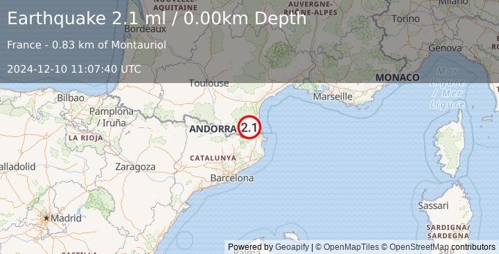 Earthquake PYRENEES (2.1 ml) (2024-12-10 11:07:40 UTC)