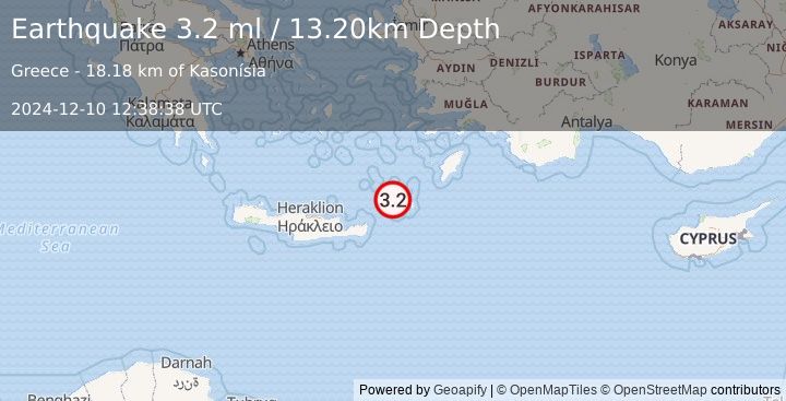 Earthquake CRETE, GREECE (3.2 ml) (2024-12-10 12:38:38 UTC)