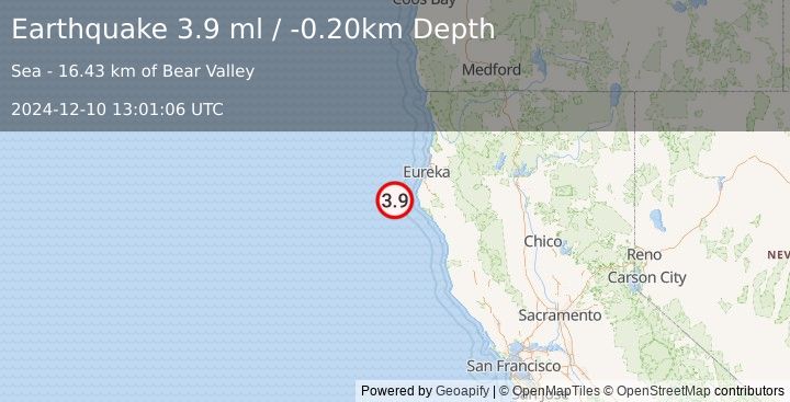 Earthquake OFFSHORE NORTHERN CALIFORNIA (3.9 ml) (2024-12-10 13:01:06 UTC)