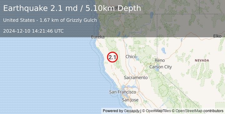 Earthquake NORTHERN CALIFORNIA (2.1 md) (2024-12-10 14:21:46 UTC)