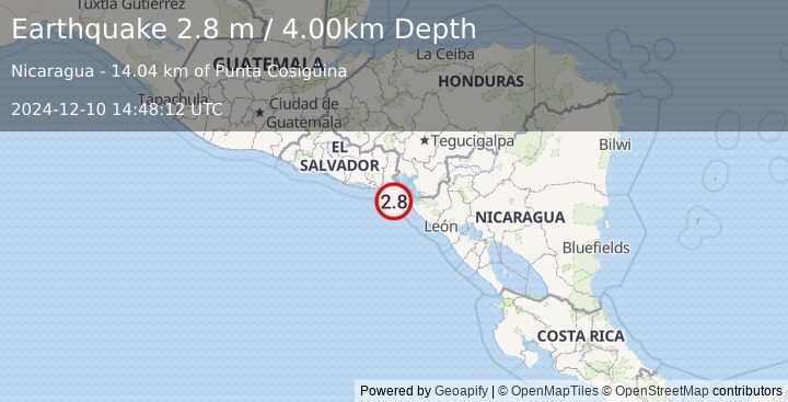 Earthquake NEAR COAST OF NICARAGUA (2.8 m) (2024-12-10 14:48:12 UTC)