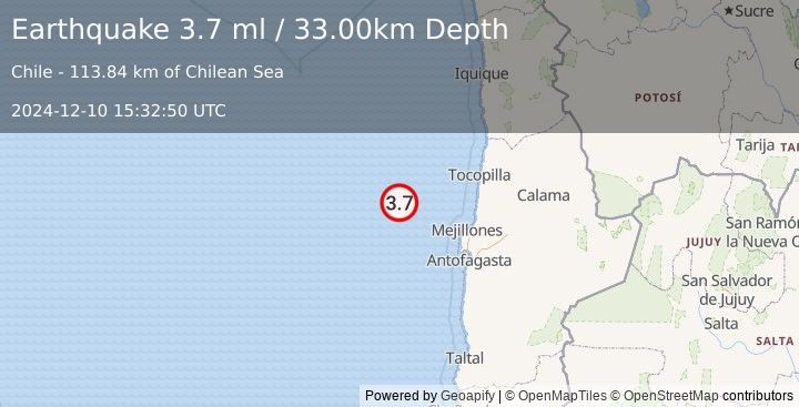 Earthquake OFF COAST OF ANTOFAGASTA, CHILE (3.6 ml) (2024-12-10 15:32:53 UTC)