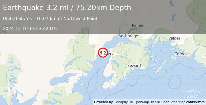 Earthquake KENAI PENINSULA, ALASKA (3.2 ml) (2024-12-10 17:53:42 UTC)