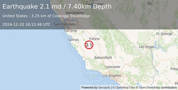 Earthquake CENTRAL CALIFORNIA (2.1 md) (2024-12-10 18:12:48 UTC)