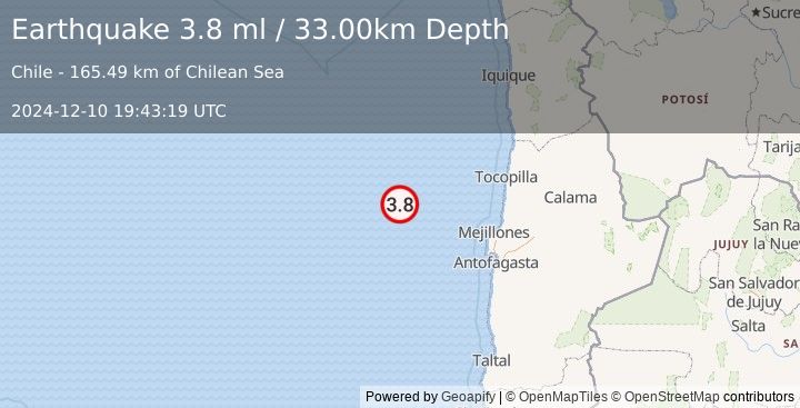 Earthquake OFF COAST OF ANTOFAGASTA, CHILE (3.1 ml) (2024-12-10 19:43:26 UTC)