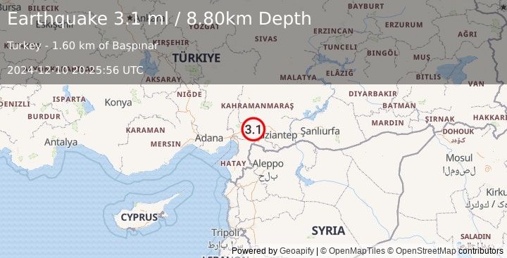 Earthquake CENTRAL TURKEY (3.1 ml) (2024-12-10 20:25:56 UTC)