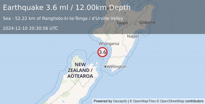 Earthquake COOK STRAIT, NEW ZEALAND (3.6 ml) (2024-12-10 20:30:56 UTC)