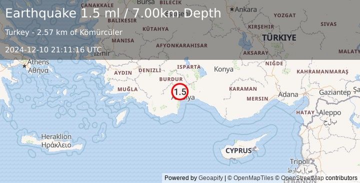 Earthquake WESTERN TURKEY (1.5 ml) (2024-12-10 21:11:16 UTC)