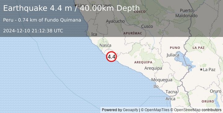 Earthquake NEAR COAST OF SOUTHERN PERU (4.4 m) (2024-12-10 21:12:38 UTC)