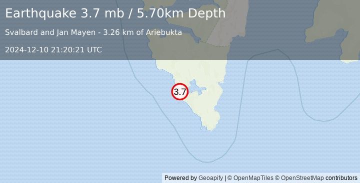 Earthquake SVALBARD REGION (3.7 mb) (2024-12-10 21:20:21 UTC)